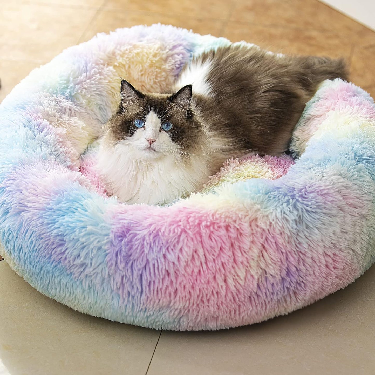 Anti Anxiety round Fluffy Plush Faux Fur Warm Washable Dog Bed & Cat Bed, Original Bed for Small Medium Large Pets,Used to Relieve Joints and Improve Sleep(20"/24"/27'') (20", Rainbow)