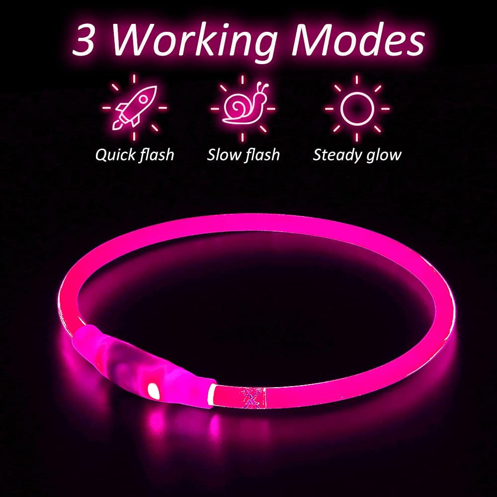 LED Dog Collar USB Rechargeable Light up Dog Collar Adjustable TPU Pet Collars for Large Medium and Small Dogs (Pink)