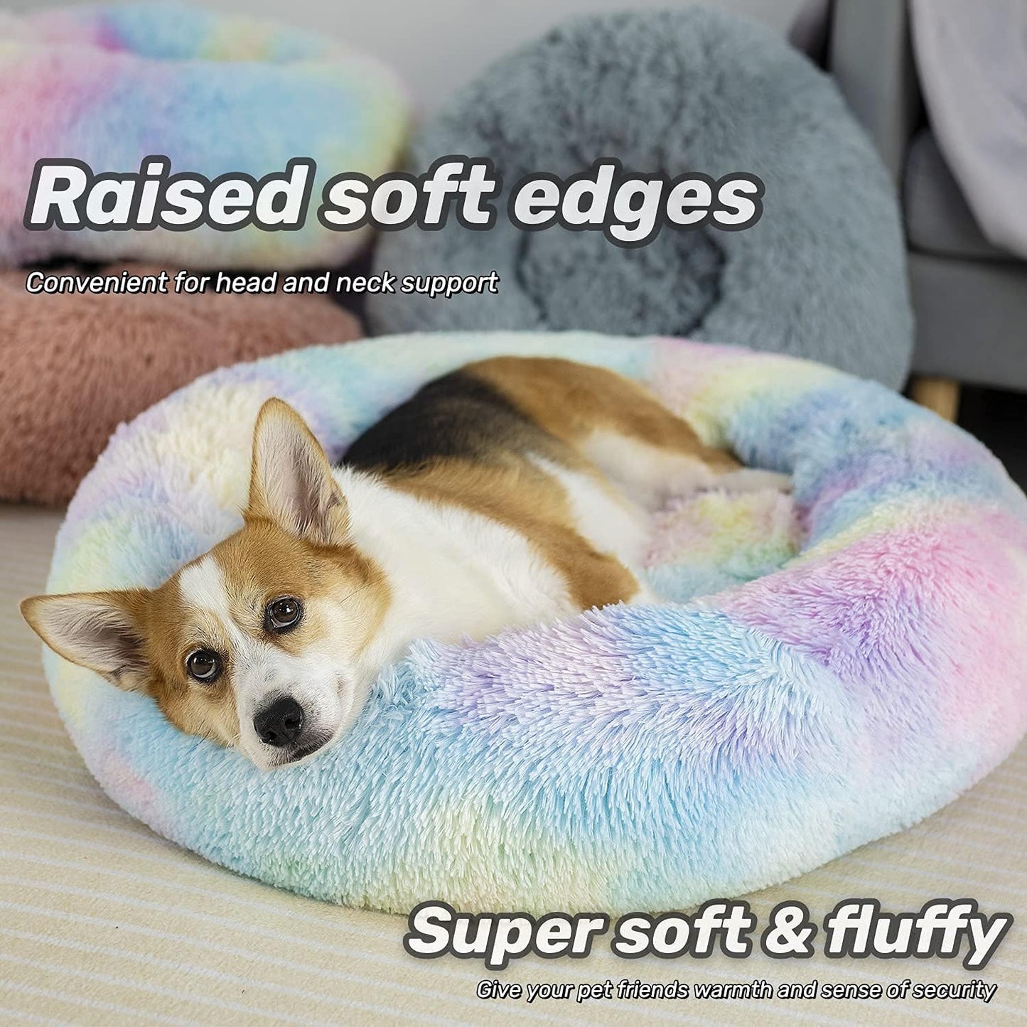 Anti Anxiety round Fluffy Plush Faux Fur Warm Washable Dog Bed & Cat Bed, Original Bed for Small Medium Large Pets,Used to Relieve Joints and Improve Sleep(20"/24"/27'') (20", Rainbow)