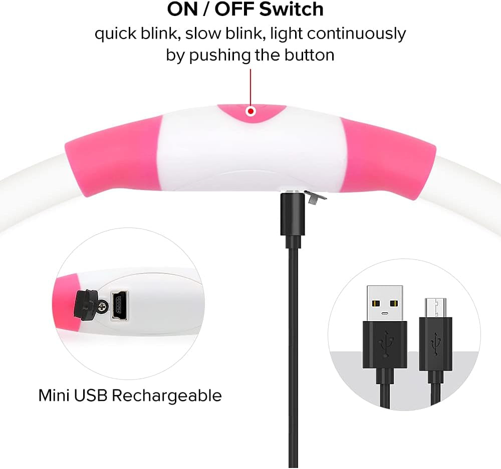 LED Dog Collar USB Rechargeable Light up Dog Collar Adjustable TPU Pet Collars for Large Medium and Small Dogs (Pink)