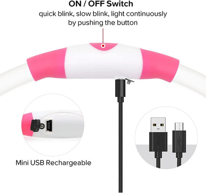 LED Dog Collar USB Rechargeable Light up Dog Collar Adjustable TPU Pet Collars for Large Medium and Small Dogs (Pink)