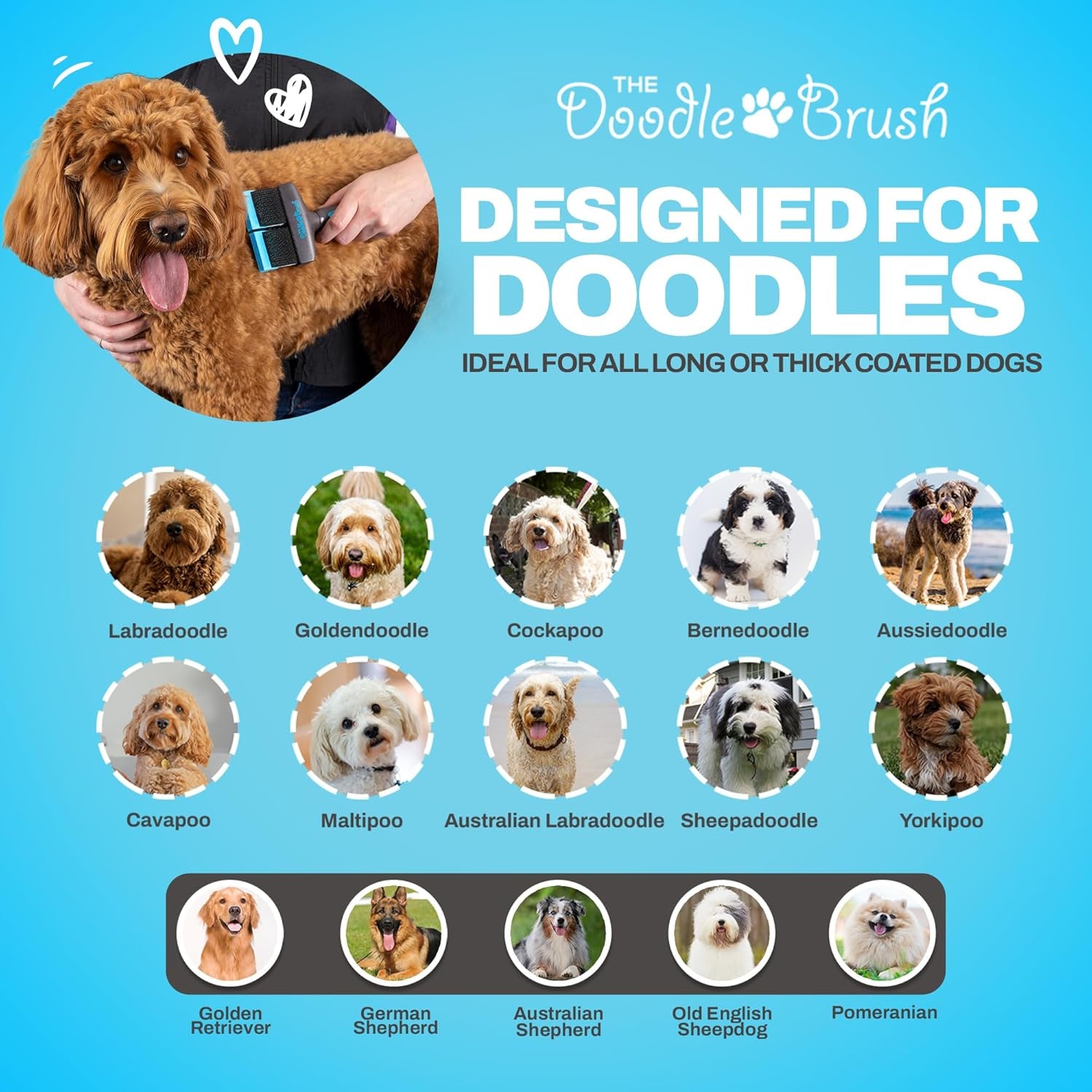 Doodle Brush for Dogs - Dog Hair, Dog Brush for Poodles, Goldendoodle, Bernedoodle - Flexible Head Slicker for Dogs, Poodle, Labradoodle, Sheepadoodle - Dual Head